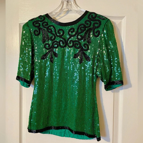 Vintage Justine Todd 100% Silk Green Beaded Sequin Top Size XS Petite Party Fest - Picture 2 of 6
